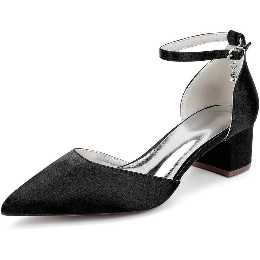 image:image1Chaussures de Mariage Confortables Talons Bas pour Femmes Bout Pointu ferm Bride la Cheville Escarpins de marie en Satin Chaussures habilles Talons BasBlack Noir