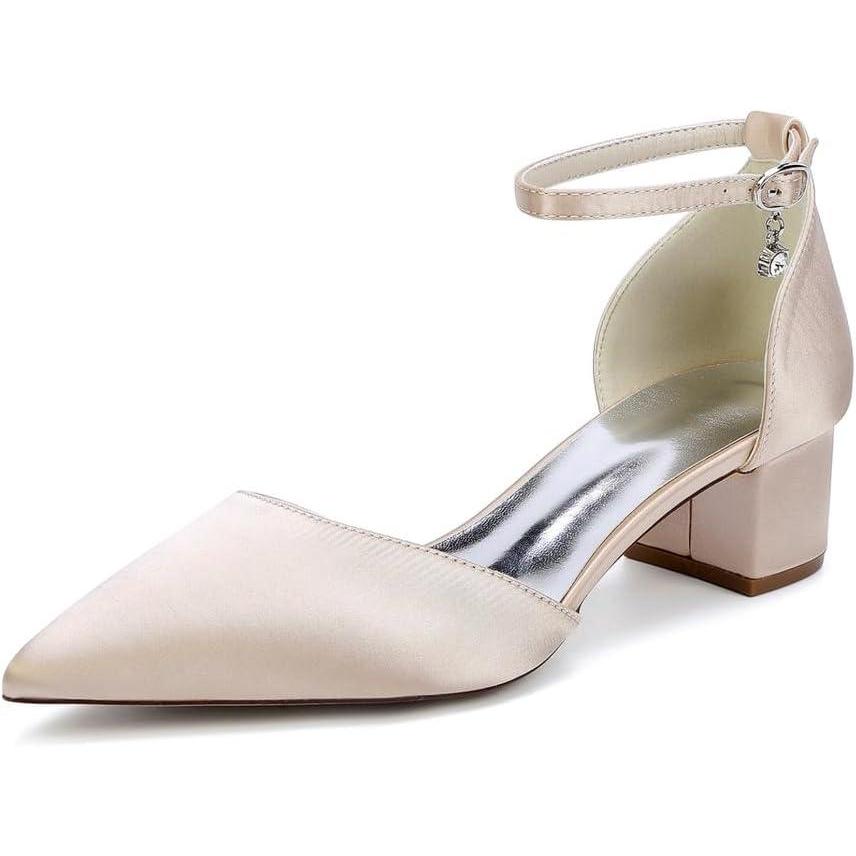image:image1Chaussures de Mariage Confortables Talons Bas pour Femmes Bout Pointu ferm Bride la Cheville Escarpins de marie en Satin Chaussures habilles Talons BasChampagne