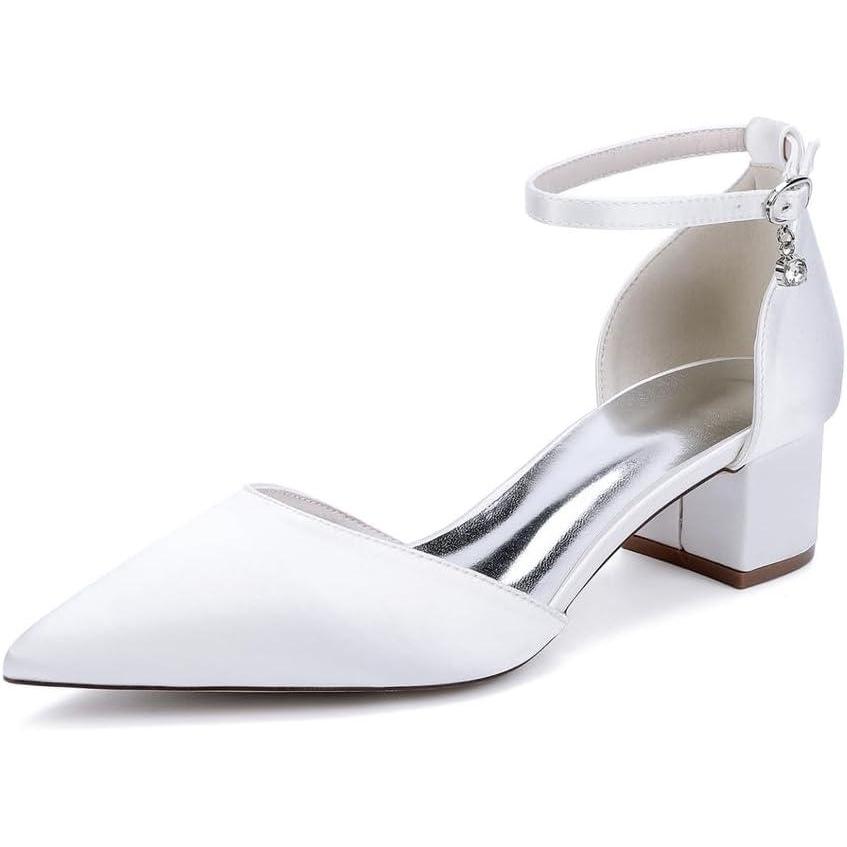 image:image1Chaussures de Mariage Confortables Talons Bas pour Femmes Bout Pointu ferm Bride la Cheville Escarpins de marie en Satin Chaussures habilles Talons BasWhite Blanc
