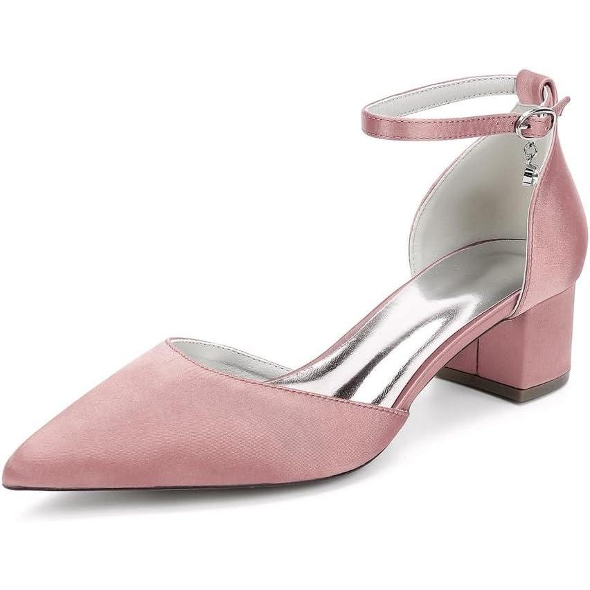 image:image1Chaussures de Mariage Confortables Talons Bas pour Femmes Bout Pointu ferm Bride la Cheville Escarpins de marie en Satin Chaussures habilles Talons BasPink Rose