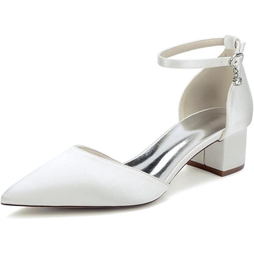 image:image1Chaussures de Mariage Confortables Talons Bas pour Femmes Bout Pointu ferm Bride la Cheville Escarpins de marie en Satin Chaussures habilles Talons BasIvory Ivoire