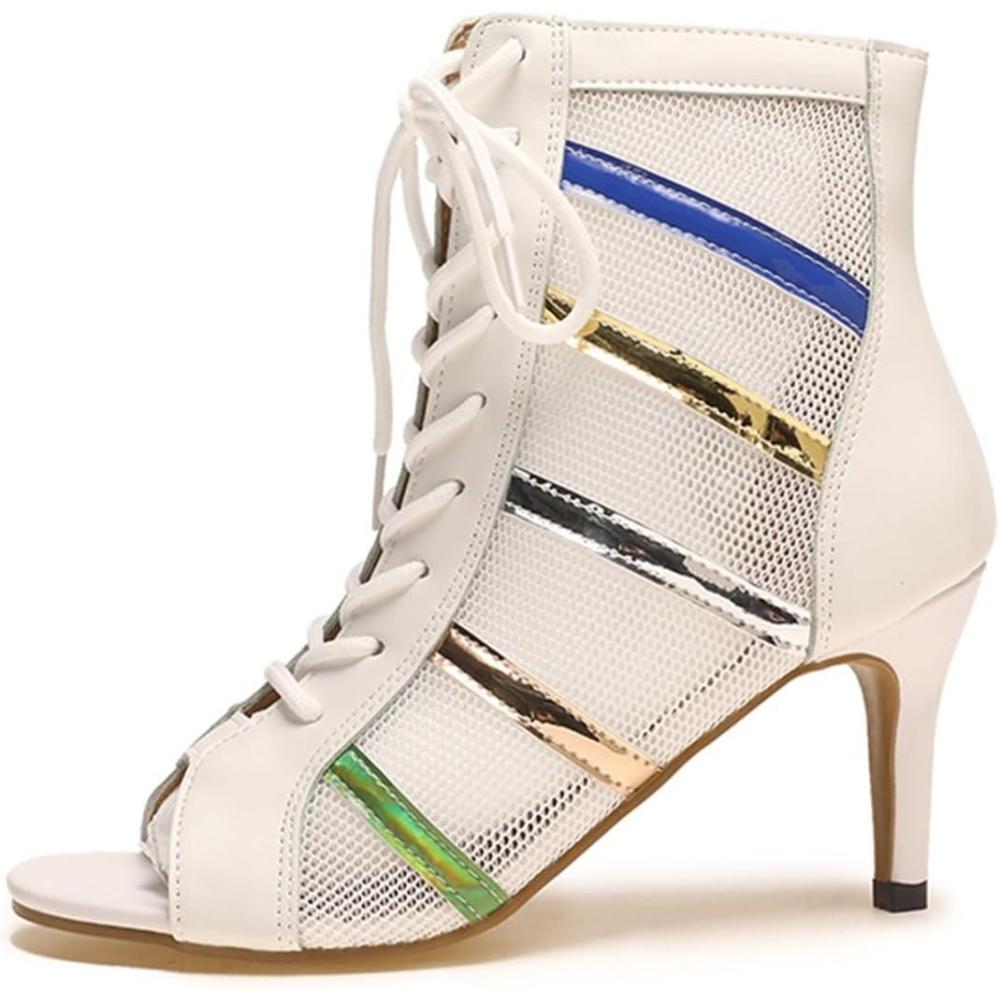 image:imageHeels Dance Class Bootie Sandales Talons Hauts Escarpins Sexy Escarpins Noir Mesh Stiletto Talons Hauts Sandales Lacets avec Bouche de Poisson Chaussures de Danse pour Femme Sandale Confort04 Blanc
