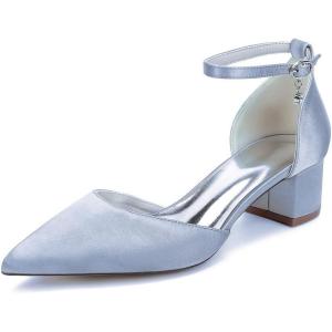 1Chaussures de Mariage Confortables à Talons Bas pour Femmes Bout Pointu fermé Bride à la Cheville Escarpins de mariée en Satin Chaussures habillées à Talons Bas(Silver Argent)