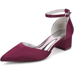 1Chaussures de Mariage Confortables à Talons Bas pour Femmes Bout Pointu fermé Bride à la Cheville Escarpins de mariée en Satin Chaussures habillées à Talons Bas(Wine Red)