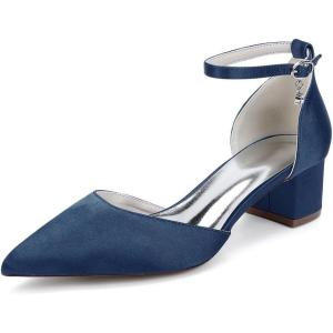 1Chaussures de Mariage Confortables à Talons Bas pour Femmes Bout Pointu fermé Bride à la Cheville Escarpins de mariée en Satin Chaussures habillées à Talons Bas(Dark Blue)