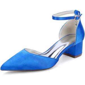 1Chaussures de Mariage Confortables à Talons Bas pour Femmes Bout Pointu fermé Bride à la Cheville Escarpins de mariée en Satin Chaussures habillées à Talons Bas(Royal Blue)