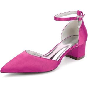1Chaussures de Mariage Confortables à Talons Bas pour Femmes Bout Pointu fermé Bride à la Cheville Escarpins de mariée en Satin Chaussures habillées à Talons Bas(Rose Red)
