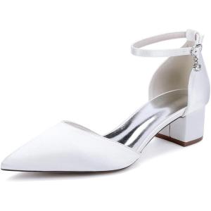1Chaussures de Mariage Confortables à Talons Bas pour Femmes Bout Pointu fermé Bride à la Cheville Escarpins de mariée en Satin Chaussures habillées à Talons Bas(White Blanc)