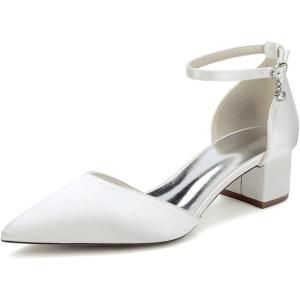 1Chaussures de Mariage Confortables à Talons Bas pour Femmes Bout Pointu fermé Bride à la Cheville Escarpins de mariée en Satin Chaussures habillées à Talons Bas(Ivory Ivoire)