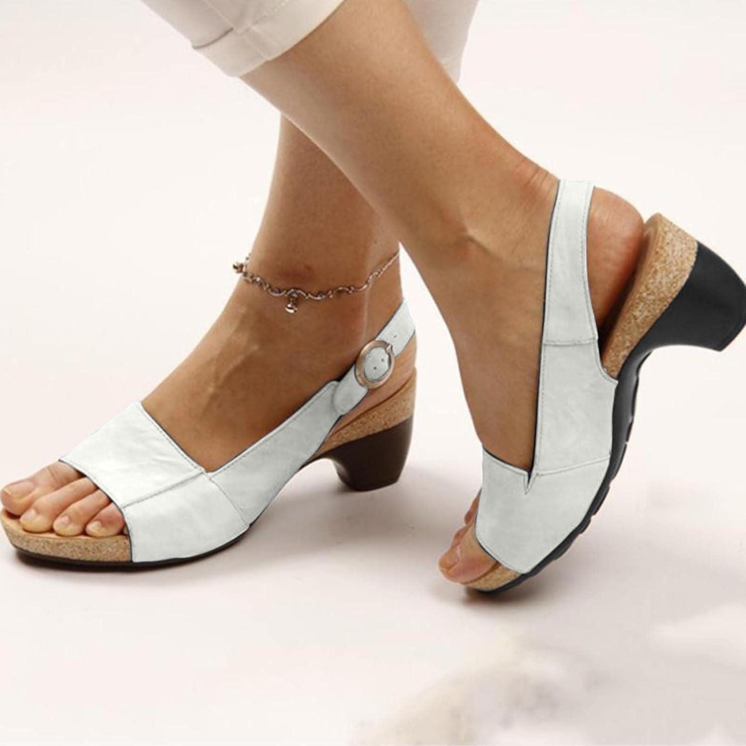 image:image2024 Sandales Femmes t De Marche Confortables Orthopdique Plateforme Chaussures Antidrapantes Respirantes Bohme Bout Ouvert Avec Talon BlocA01 Blanc