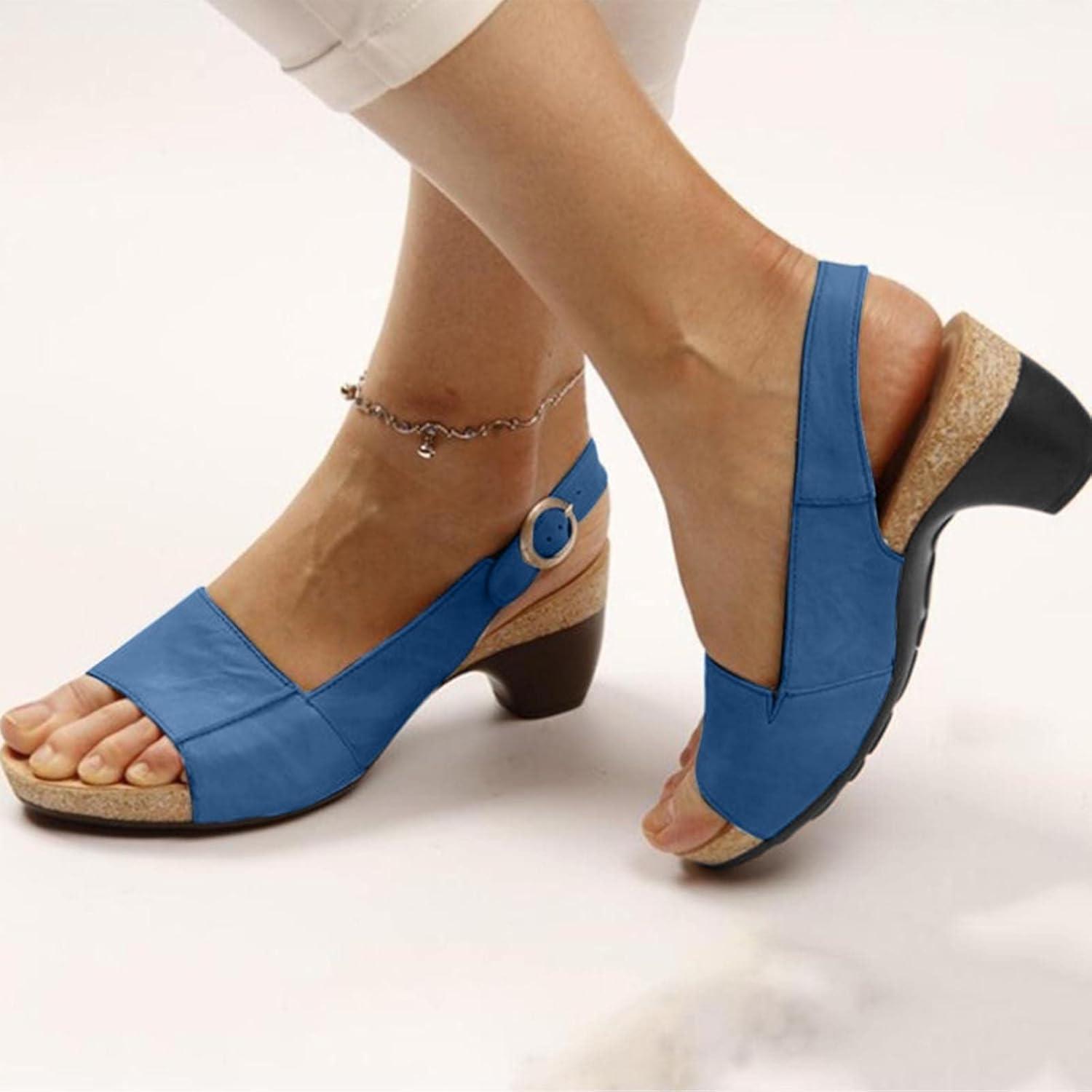 image:image2024 Sandales Femmes t De Marche Confortables Orthopdique Plateforme Chaussures Antidrapantes Respirantes Bohme Bout Ouvert Avec Talon BlocA01 Bleu Clair