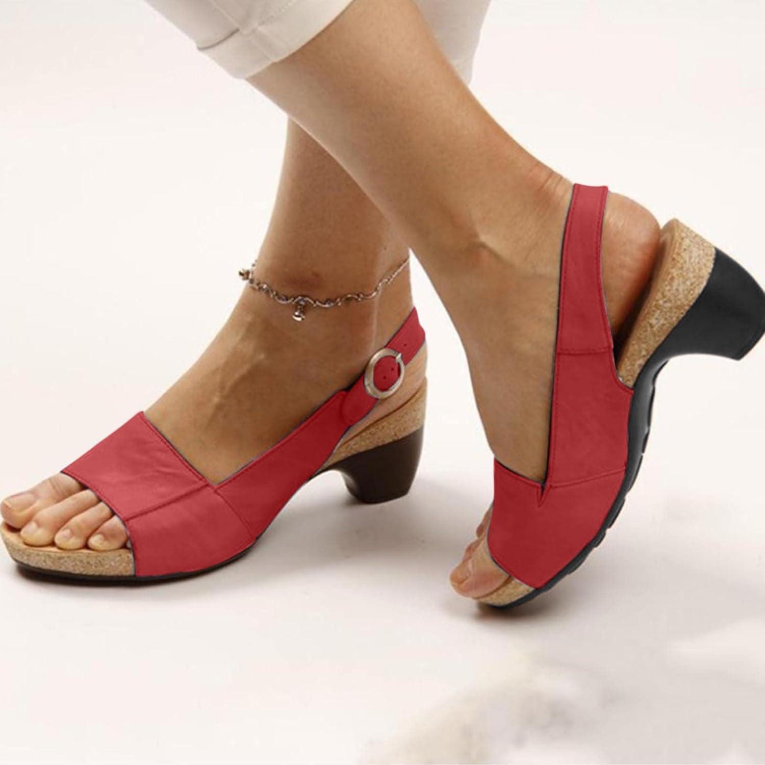image:image2024 Sandales Femmes t De Marche Confortables Orthopdique Plateforme Chaussures Antidrapantes Respirantes Bohme Bout Ouvert Avec Talon BlocA01 Rouge