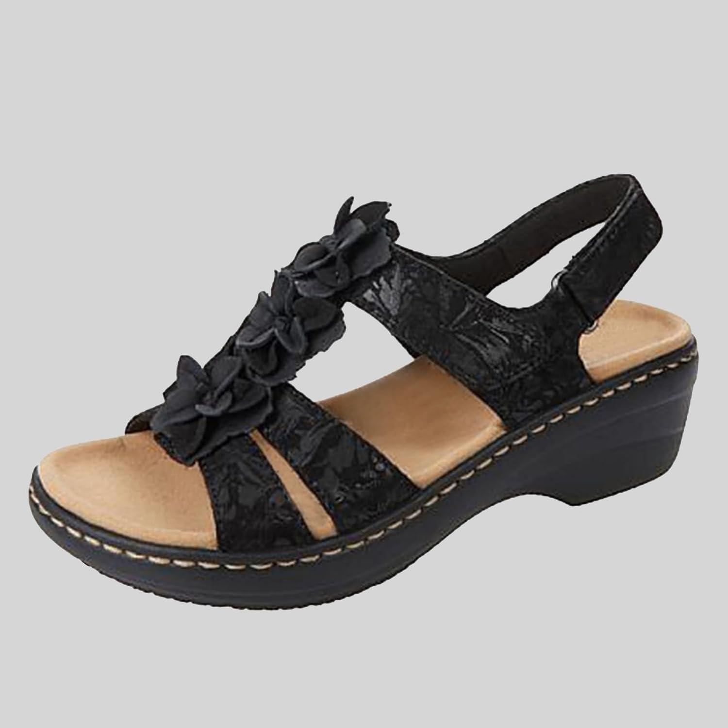 image:image2024 Sandales Femmes t De Marche Confortables Orthopdique Plateforme Chaussures Antidrapantes Respirantes Bohme Bout Ouvert Avec Talon BlocA03 Noir