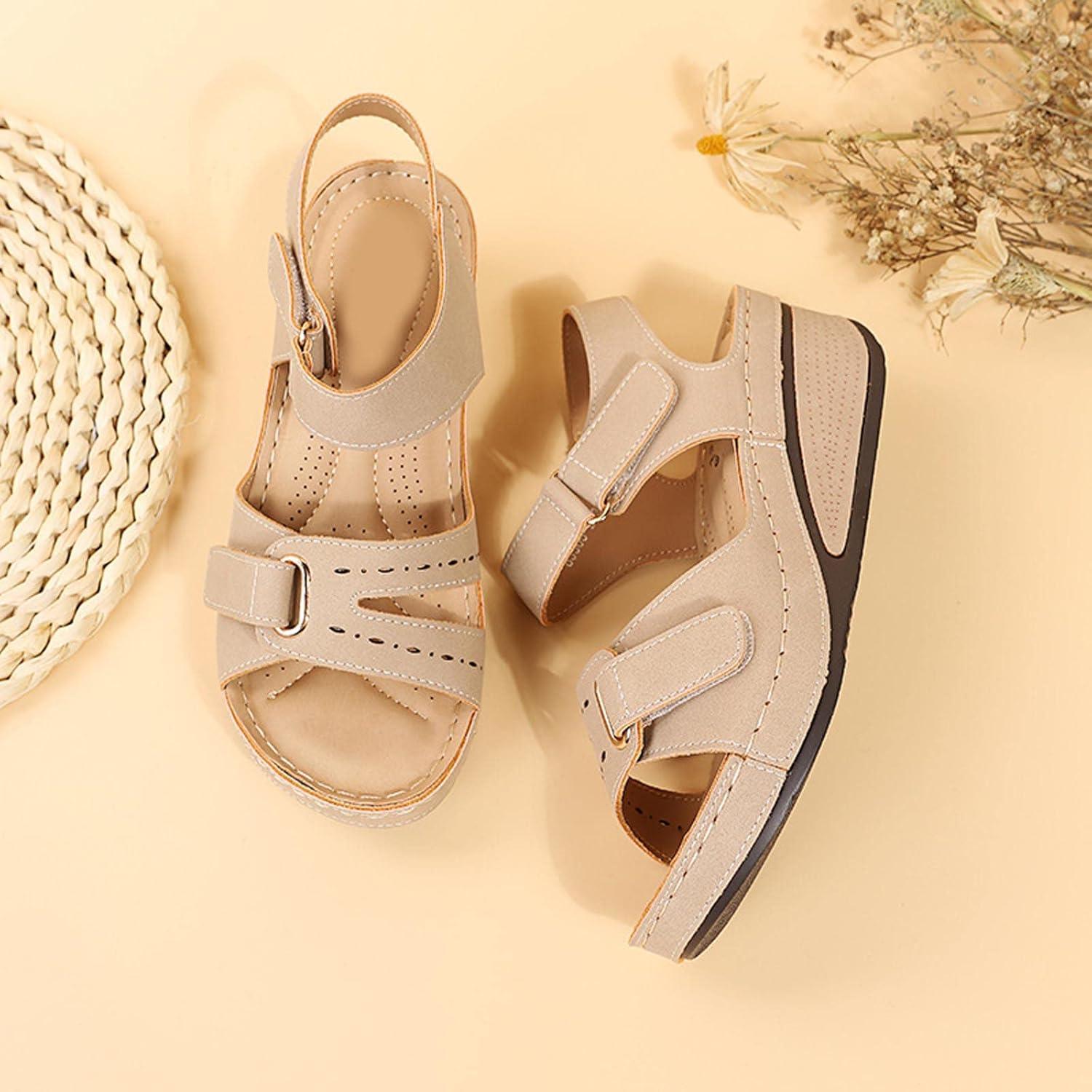 image:image2024 Sandales Femmes t De Marche Confortables Orthopdique Plateforme Chaussures Antidrapantes Respirantes Bohme Bout Ouvert Avec Talon BlocBeige