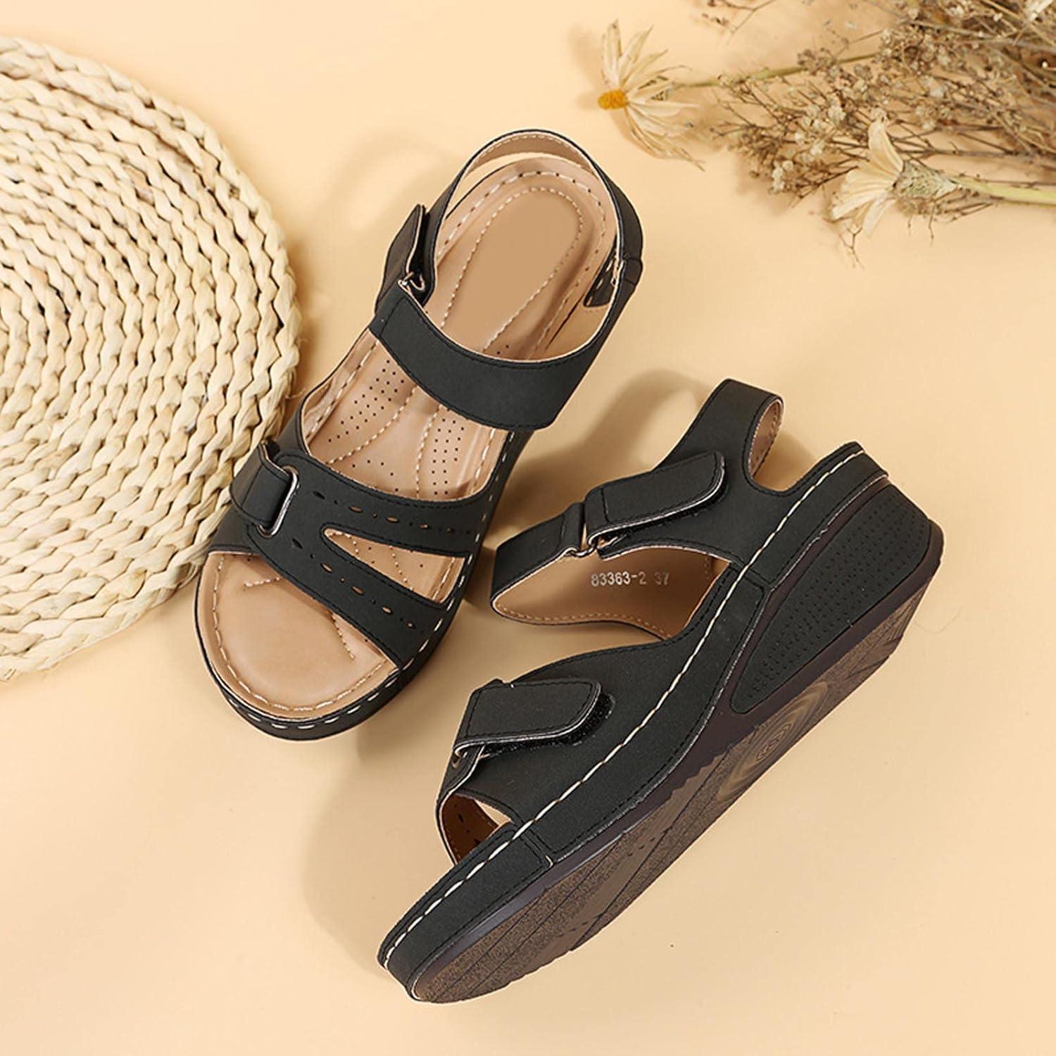 image:image2024 Sandales Femmes t De Marche Confortables Orthopdique Plateforme Chaussures Antidrapantes Respirantes Bohme Bout Ouvert Avec Talon BlocNoir