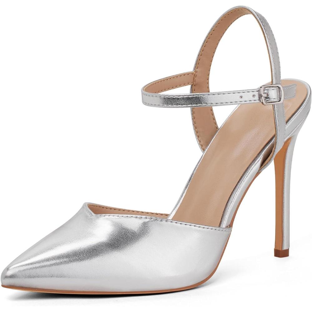 image:imageGENSHUO lgant Talons Aiguilles de 10 CM Chaussures de Soire Sexy Bout Pointu avec Bride de Cheville pour FemmeArgenten Polyurthane