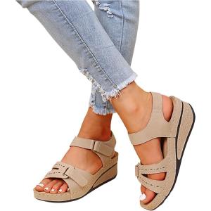2024 Sandales Femmes été De Marche Confortables Orthopédique Plateforme Chaussures Antidérapantes Respirantes Bohême Bout Ouvert Avec Talon Bloc(Beige)