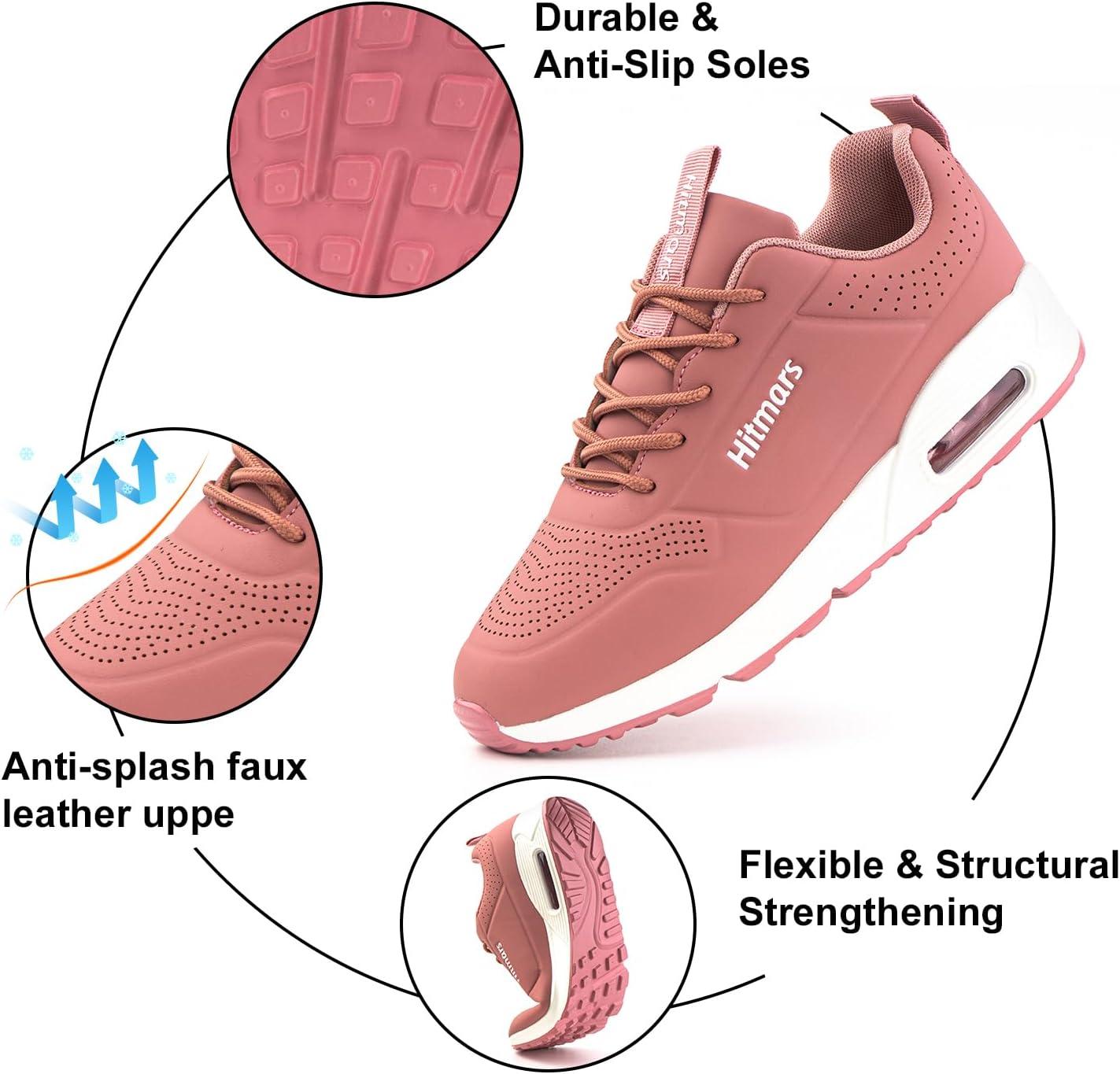 image:imageHitmars Chaussures de Running Femme Basket Sport Lgres Faux Cuir Rsistant Aux claboussures Coussin dair Noir Bleu Rose Blanc EU36EU42Rose