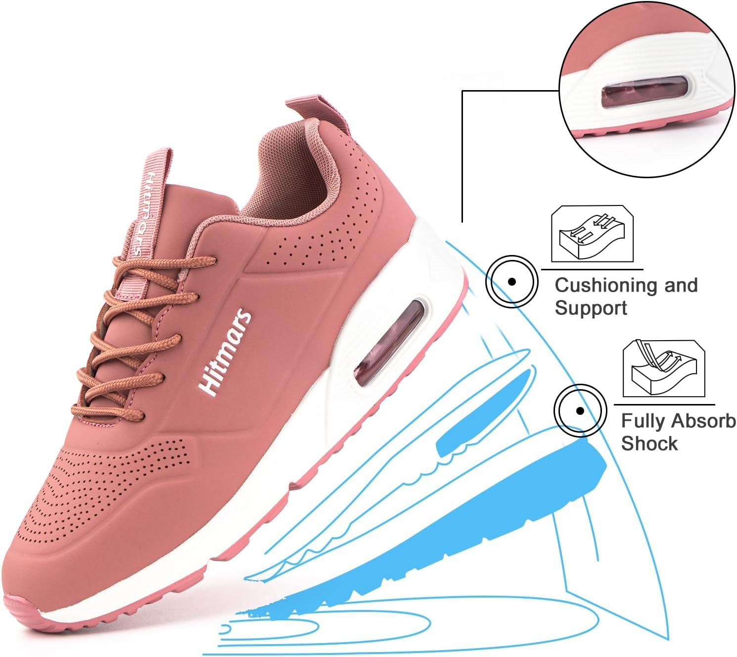 image:imageHitmars Chaussures de Running Femme Basket Sport Lgres Faux Cuir Rsistant Aux claboussures Coussin dair Noir Bleu Rose Blanc EU36EU42Rose