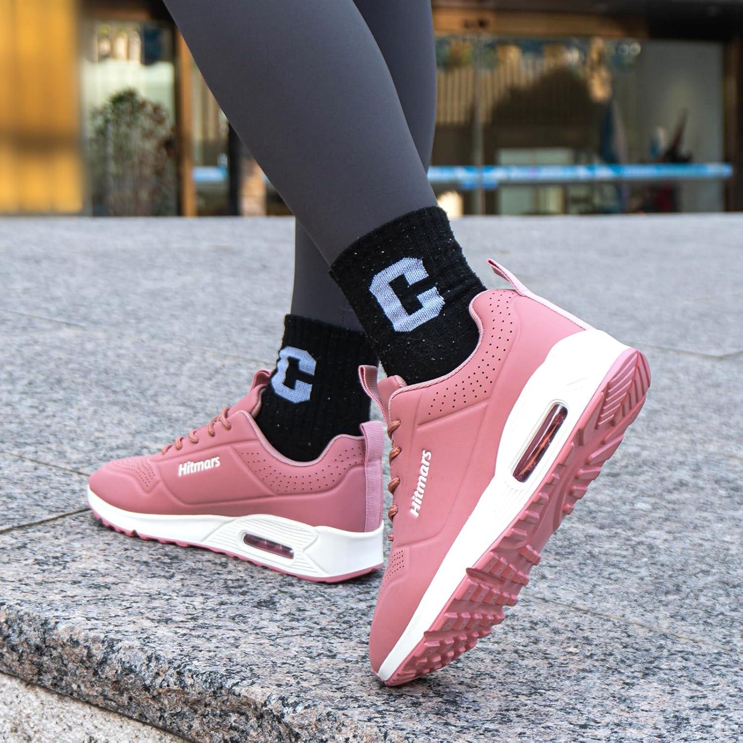image:imageHitmars Chaussures de Running Femme Basket Sport Lgres Faux Cuir Rsistant Aux claboussures Coussin dair Noir Bleu Rose Blanc EU36EU42Rose