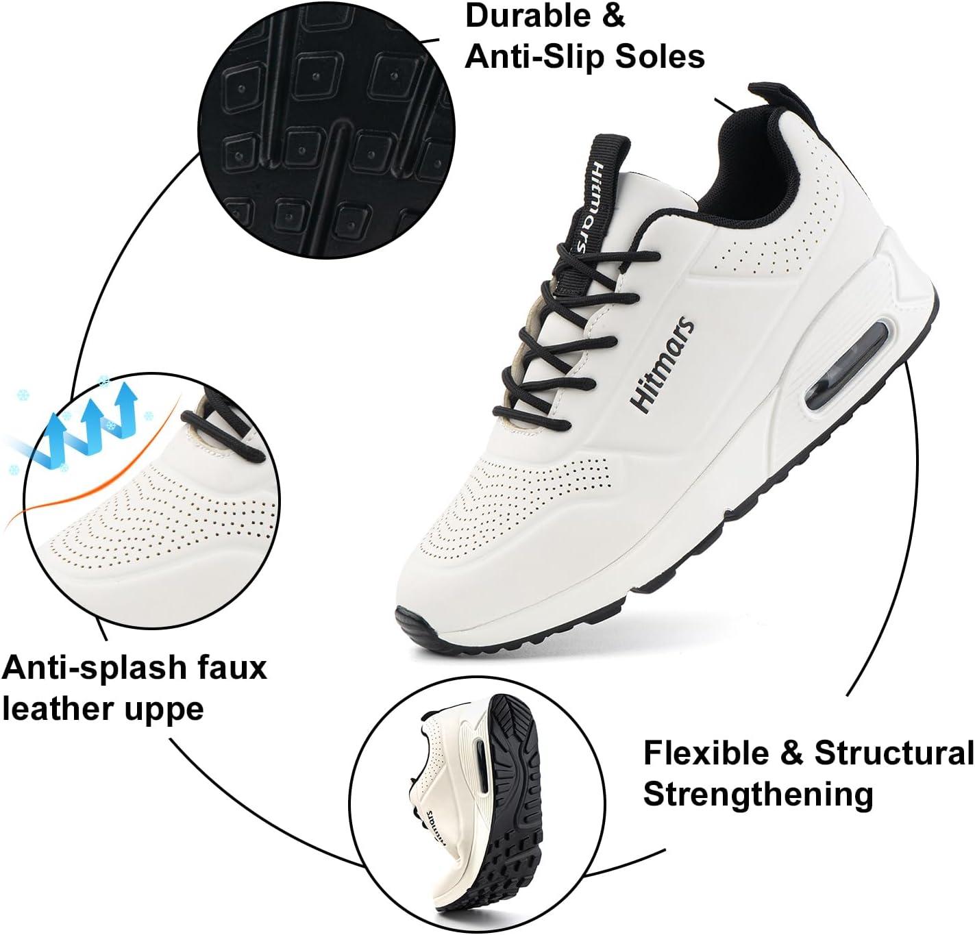 image:imageHitmars Chaussures de Running Femme Basket Sport Lgres Faux Cuir Rsistant Aux claboussures Coussin dair Noir Bleu Rose Blanc EU36EU42Sh1 Blanc