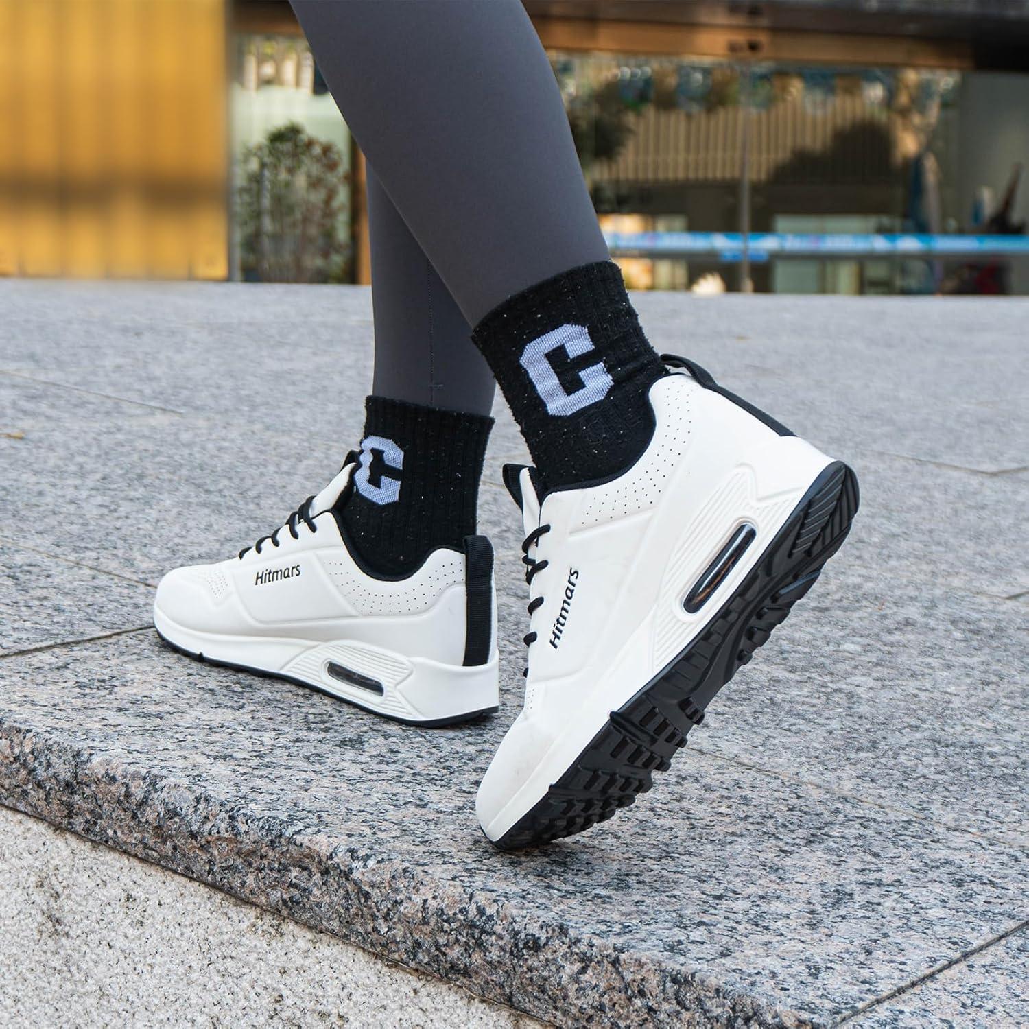 image:imageHitmars Chaussures de Running Femme Basket Sport Lgres Faux Cuir Rsistant Aux claboussures Coussin dair Noir Bleu Rose Blanc EU36EU42Sh1 Blanc