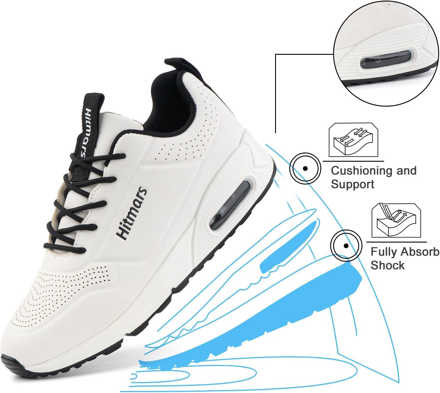 image:imageHitmars Chaussures de Running Femme Basket Sport Lgres Faux Cuir Rsistant Aux claboussures Coussin dair Noir Bleu Rose Blanc EU36EU42Sh1 Blanc
