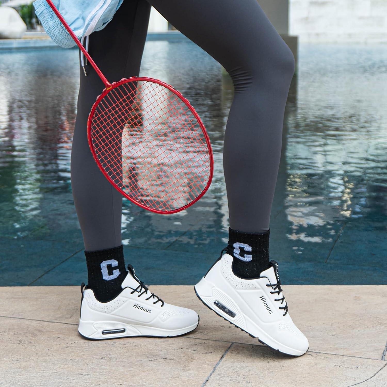 image:imageHitmars Chaussures de Running Femme Basket Sport Lgres Faux Cuir Rsistant Aux claboussures Coussin dair Noir Bleu Rose Blanc EU36EU42Sh1 Blanc