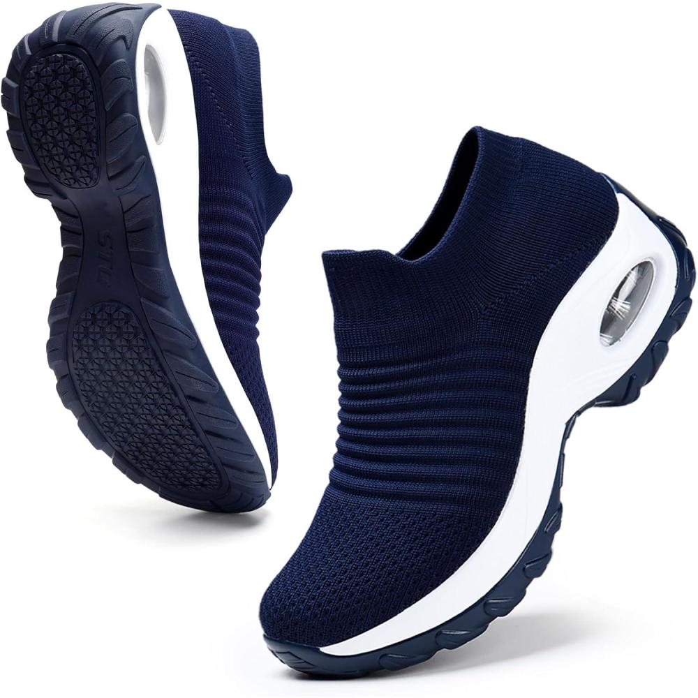 image:imageHKR Basket San Lacet Femme Chaussures de Orthopdique Marche Mode et Sport Travail Tennis Confortable Chic Femme Ultra LGRe Fitness Campus Slip on Enfiler SneakersMarine