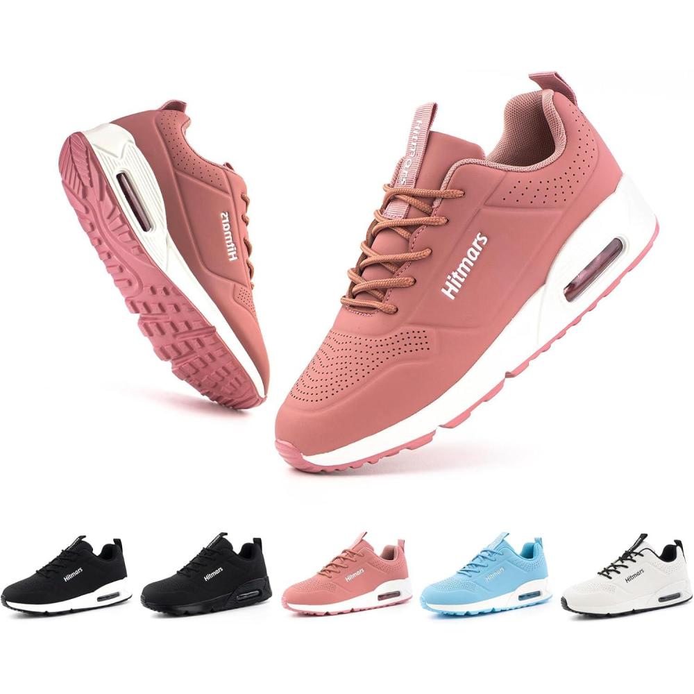 image:imageHitmars Chaussures de Running Femme Basket Sport Lgres Faux Cuir Rsistant Aux claboussures Coussin dair Noir Bleu Rose Blanc EU36EU42Rose