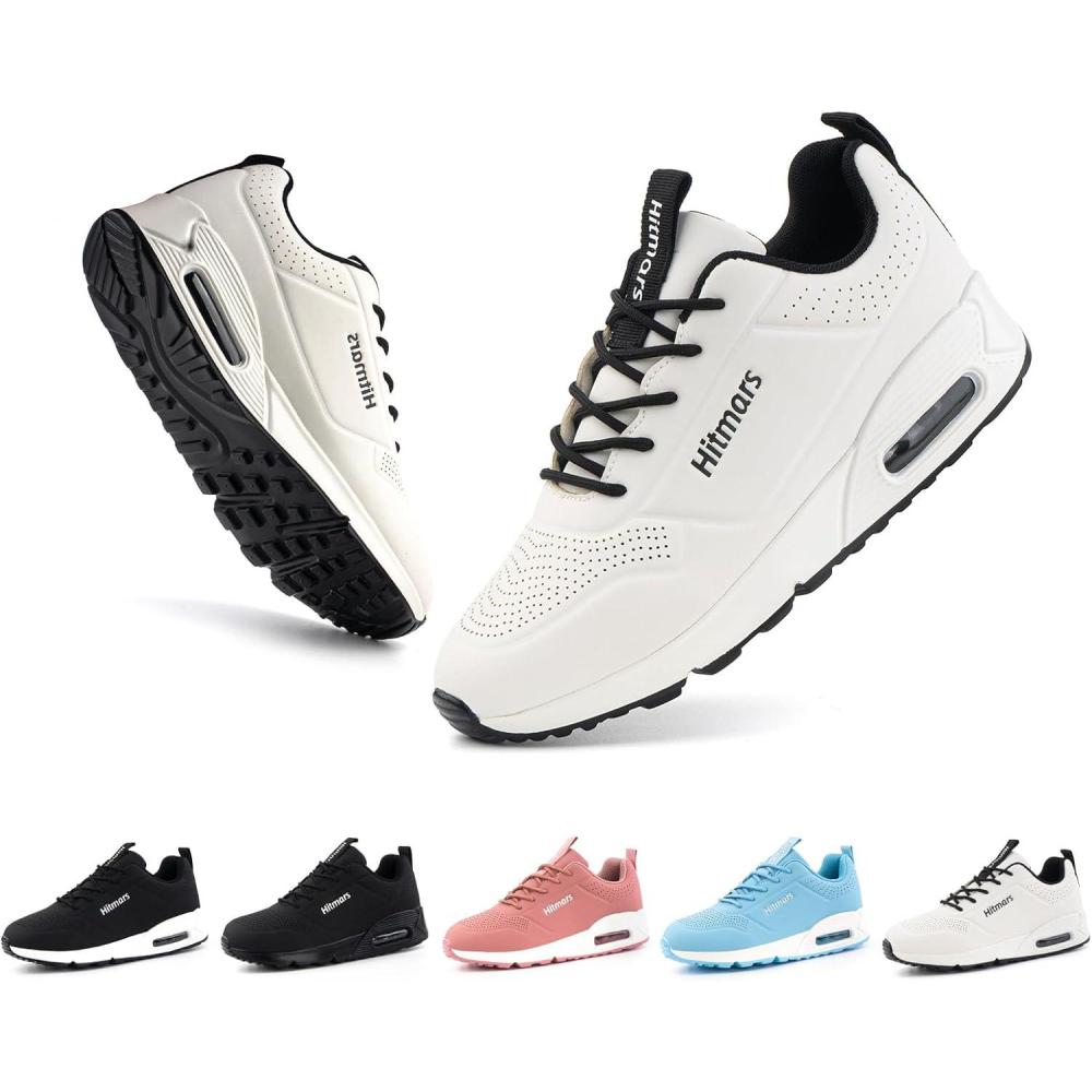 image:imageHitmars Chaussures de Running Femme Basket Sport Lgres Faux Cuir Rsistant Aux claboussures Coussin dair Noir Bleu Rose Blanc EU36EU42Sh1 Blanc