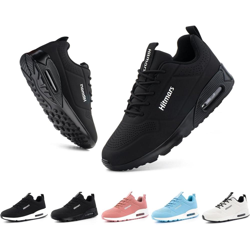 image:imageHitmars Chaussures de Running Femme Basket Sport Lgres Faux Cuir Rsistant Aux claboussures Coussin dair Noir Bleu Rose Blanc EU36EU42Sh1 Noir