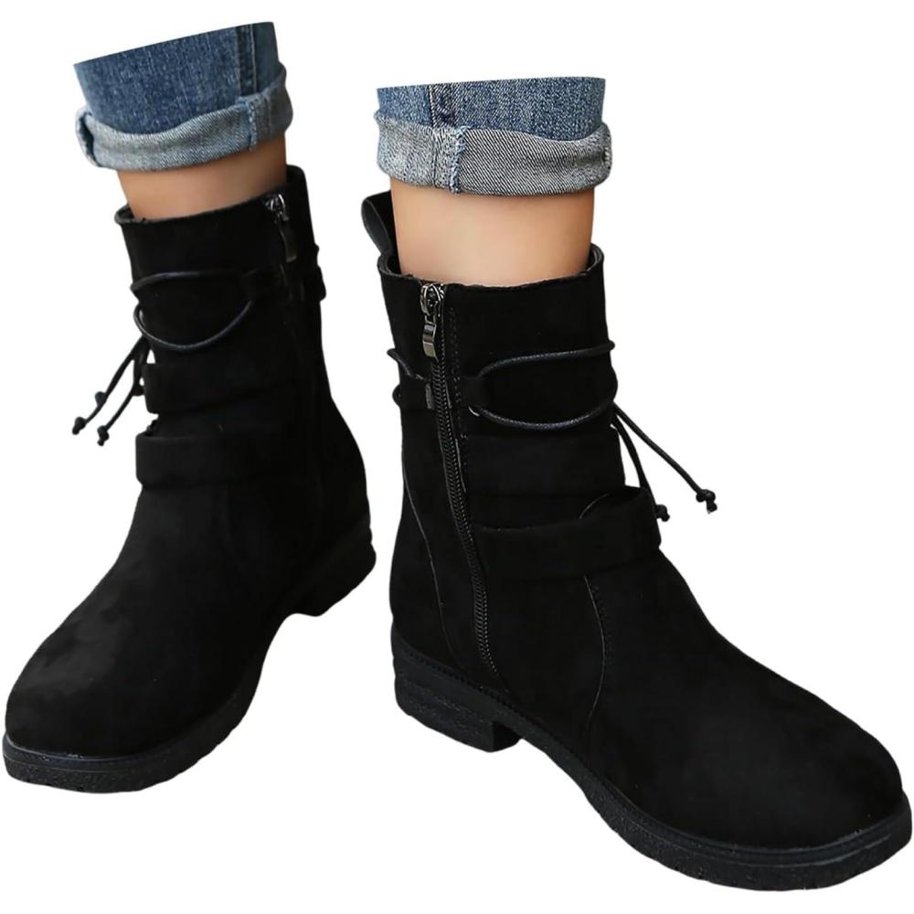 image:image2025 Bottines Femme et Hiver Cuir Visage Couleur Unie Latrale Fermeture clair Bottines Chaudes Dcontractes Temprament Boucle BottesNoir