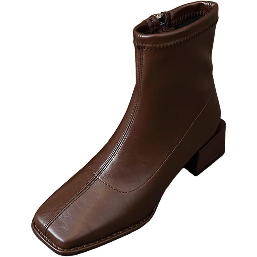 image:imageBottines classiques britanniques pour femme Bout carr En cuir Antidrapantes Avec talon moyen Lgres ConfortablesMarron