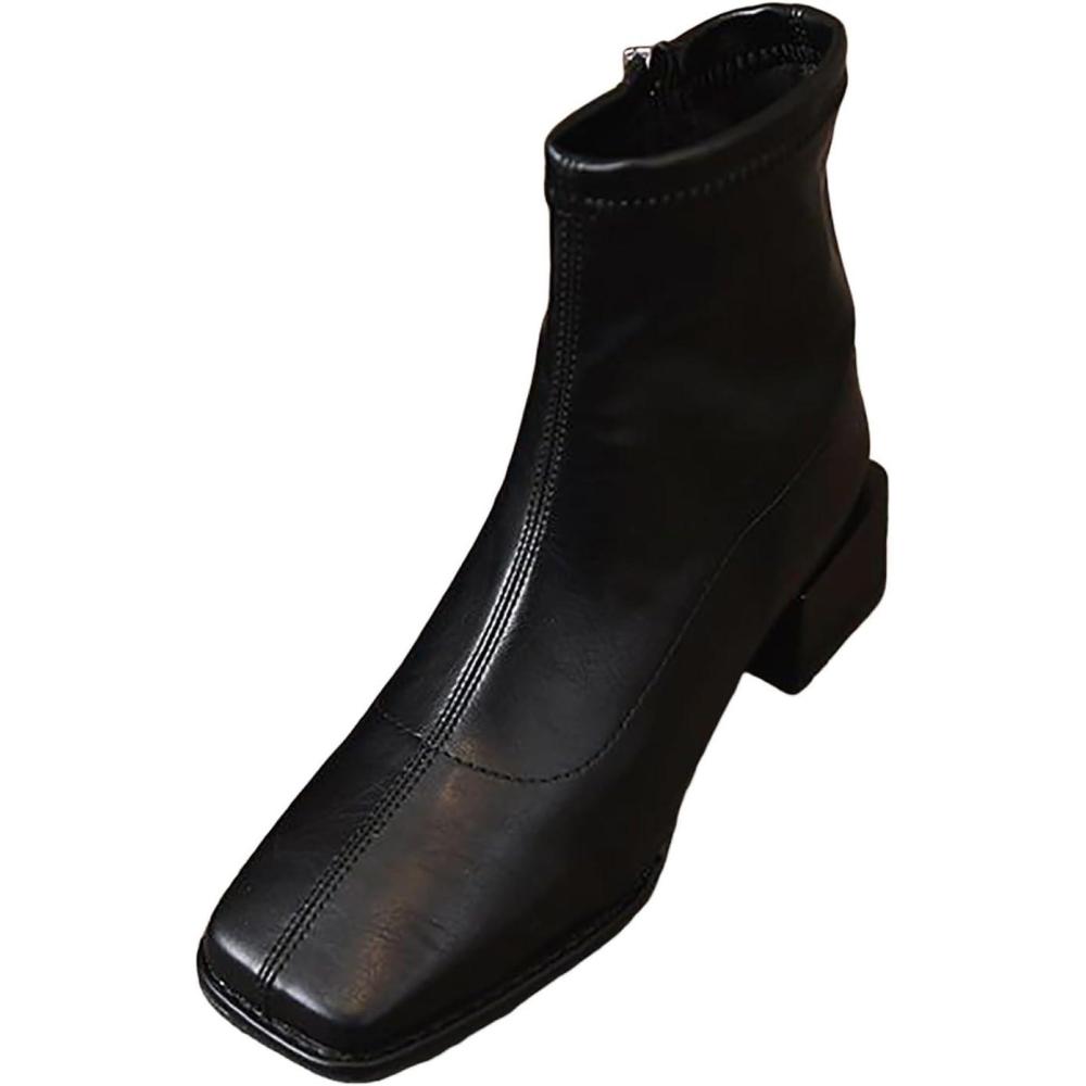 image:imageBottines classiques britanniques pour femme Bout carr En cuir Antidrapantes Avec talon moyen Lgres ConfortablesNoir