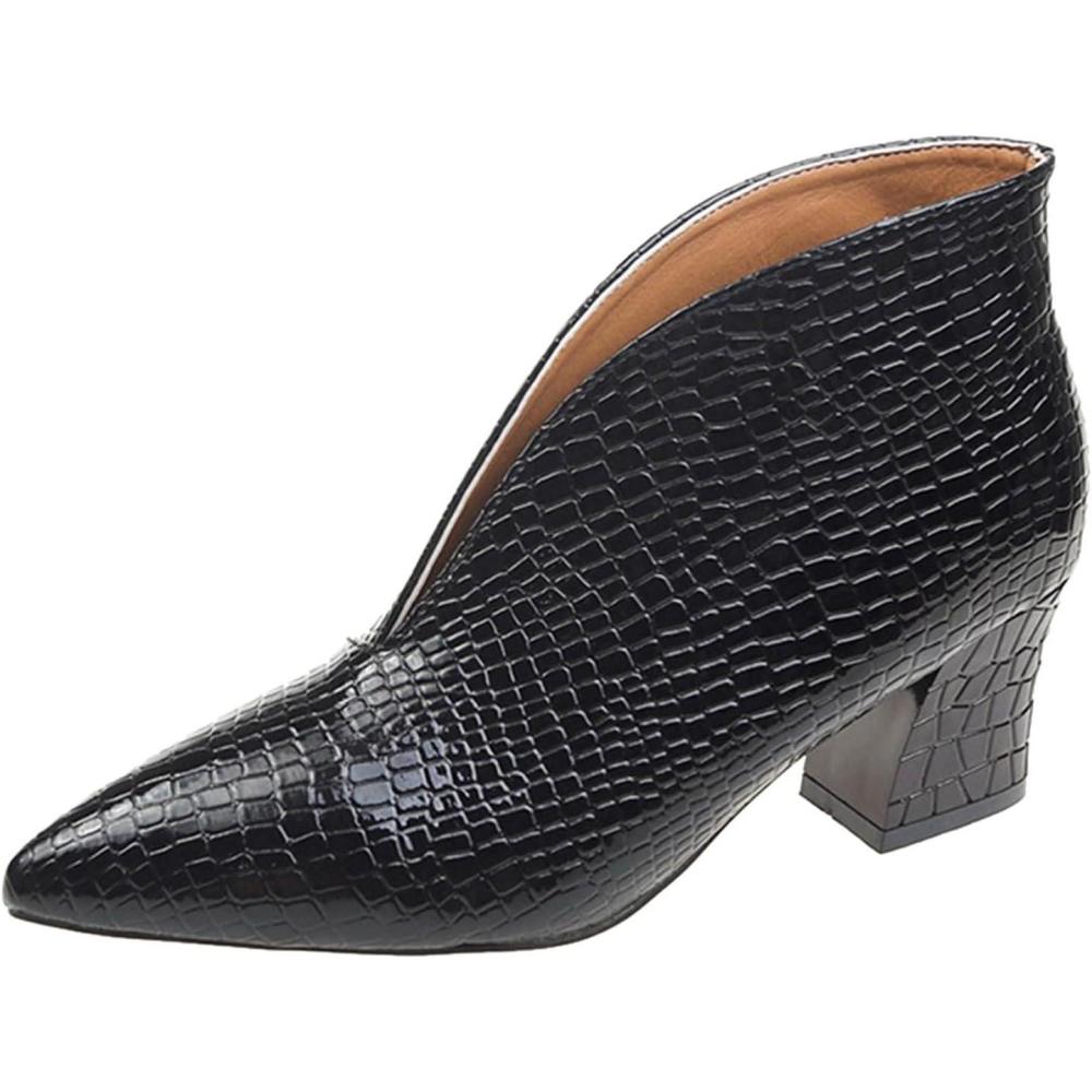 image:imageBottines pour femme en cuir verni motif fendu enfiler Bout pointu rtro Talon bas respirant Lger Bottes confortables talon pais enfilerNoir