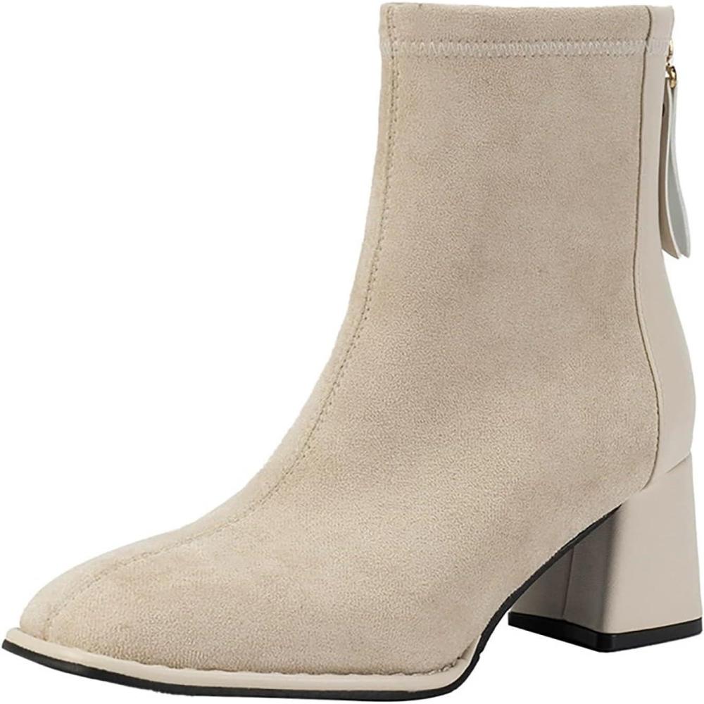 image:imageGenerisch Bottines ajustes pour femme avec talon lastique Bottines talon bloc Fermeture clair Bottines courtes lgantes et tendance avec bout pointu Bottines talons hautsBeige