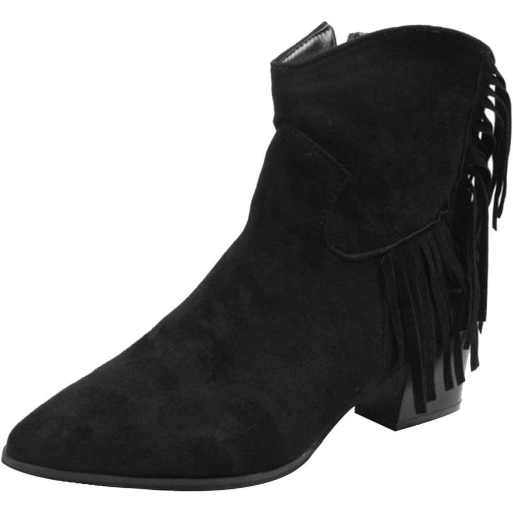 image:imageGenerisch Bottines pour femme En daim lgantes Pointues Avec fermeture clair Pour lautomne et lhiver Talon bloc Bottes de transition avec frangesNoir