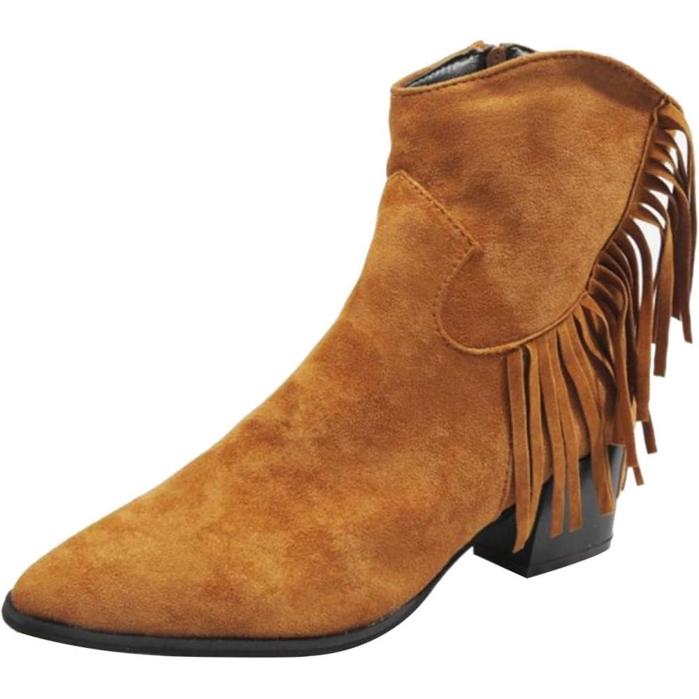 image:imageGenerisch Bottines pour femme En daim lgantes Pointues Avec fermeture clair Pour lautomne et lhiver Talon bloc Bottes de transition avec frangesMarron