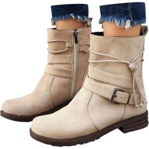 2025 Bottines Femme et Hiver Cuir Visage Couleur Unie Latérale Fermeture éclair Bottines Chaudes Décontractées Tempérament Boucle Bottes(Beige)
