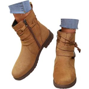 2025 Bottines Femme et Hiver Cuir Visage Couleur Unie Latérale Fermeture éclair Bottines Chaudes Décontractées Tempérament Boucle Bottes(Kaki)