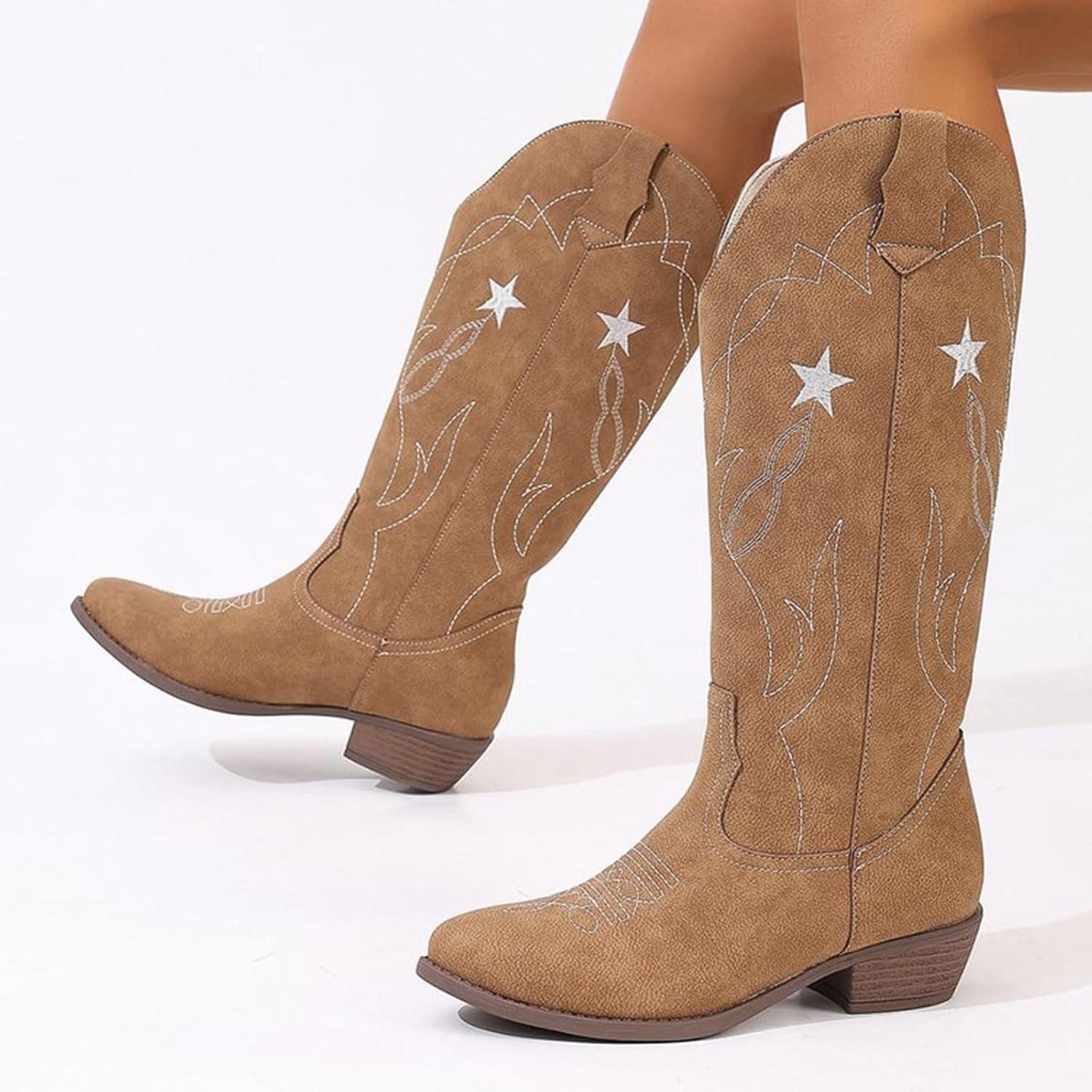 image:imageBottes western en cuir pour femme Bottes de cowboy pour femme Tige haute et large Bottes enfiler Vintage Bottes dquitation Bottes de transition En cuir synthtique Bottes longuesJaune
