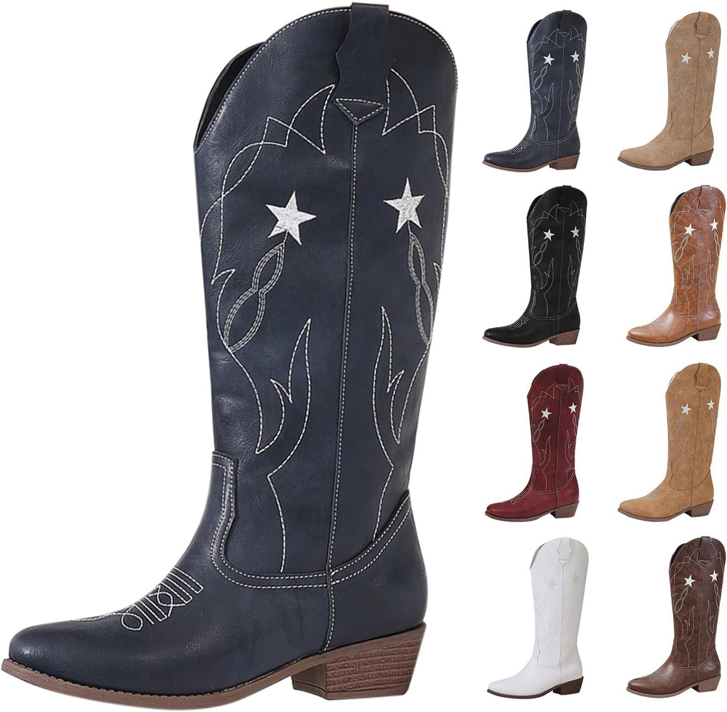 image:imageBottes western en cuir pour femme Bottes de cowboy pour femme Tige haute et large Bottes enfiler Vintage Bottes dquitation Bottes de transition En cuir synthtique Bottes longuesMarine