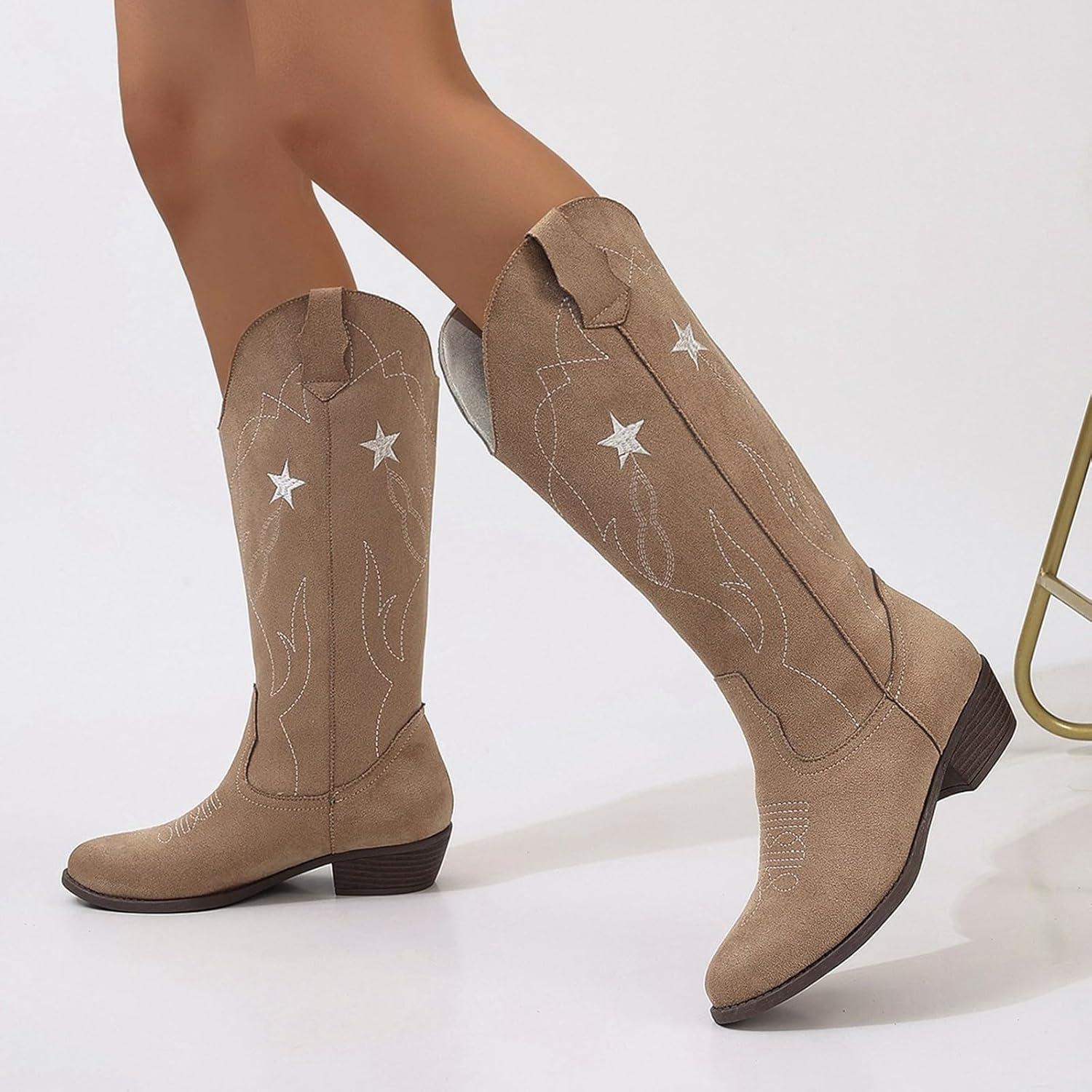 image:imageBottes western en cuir pour femme Bottes de cowboy pour femme Tige haute et large Bottes enfiler Vintage Bottes dquitation Bottes de transition En cuir synthtique Bottes longuesKaki