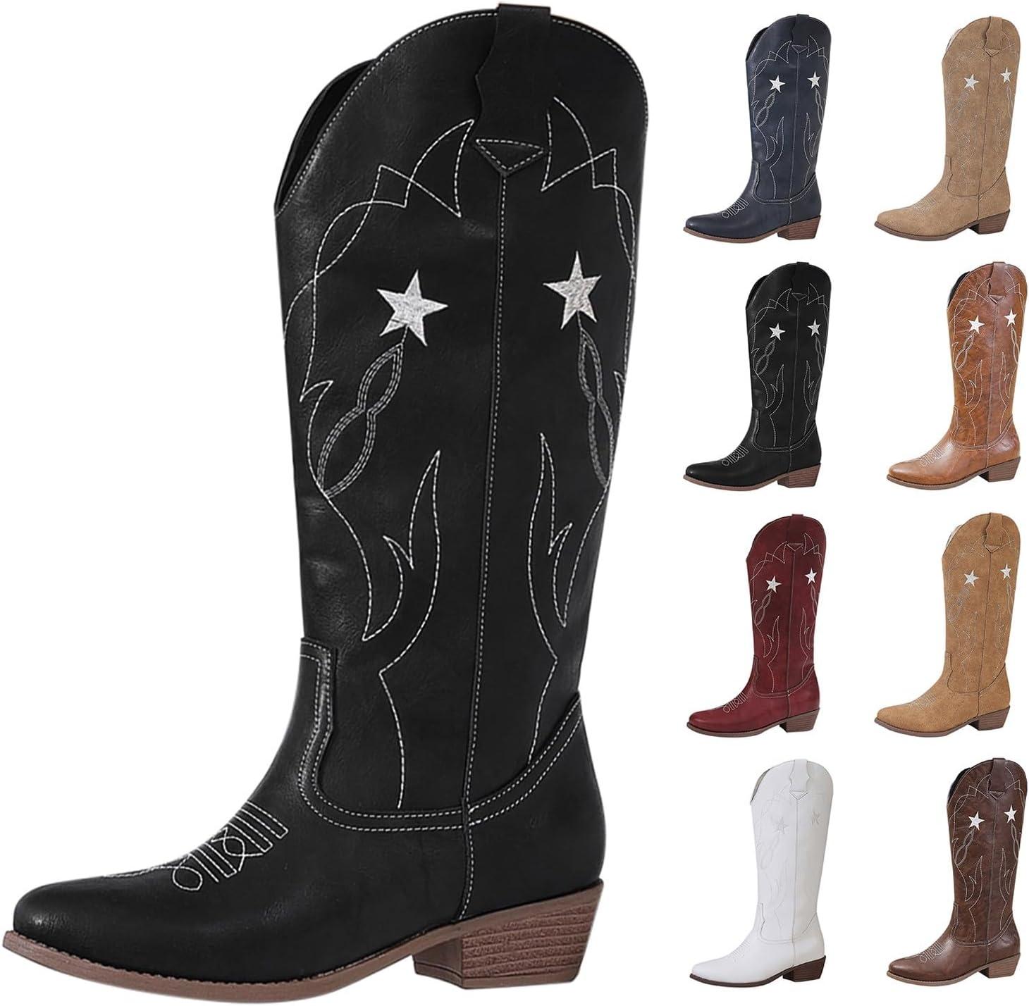 image:imageBottes western en cuir pour femme Bottes de cowboy pour femme Tige haute et large Bottes enfiler Vintage Bottes dquitation Bottes de transition En cuir synthtique Bottes longuesNoir