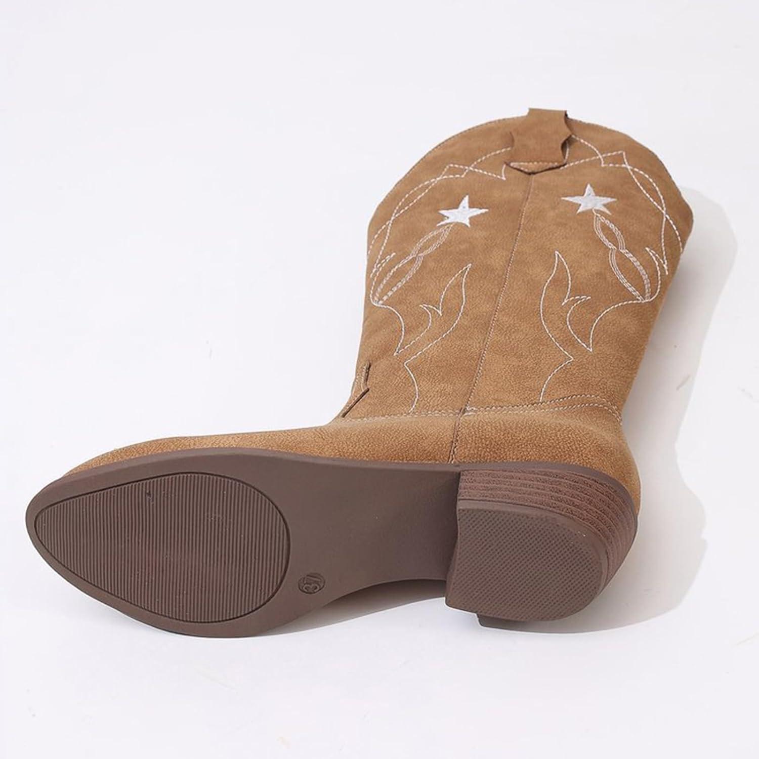 image:imageBottes western en cuir pour femme Bottes de cowboy pour femme Tige haute et large Bottes enfiler Vintage Bottes dquitation Bottes de transition En cuir synthtique Bottes longuesJaune