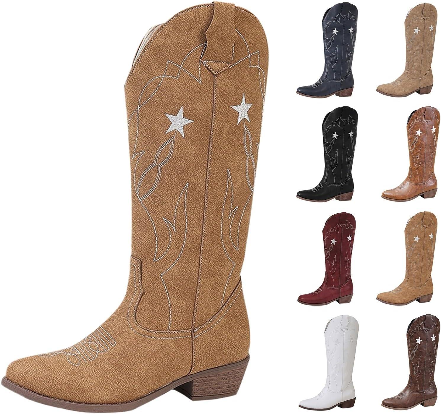 image:imageBottes western en cuir pour femme Bottes de cowboy pour femme Tige haute et large Bottes enfiler Vintage Bottes dquitation Bottes de transition En cuir synthtique Bottes longuesJaune