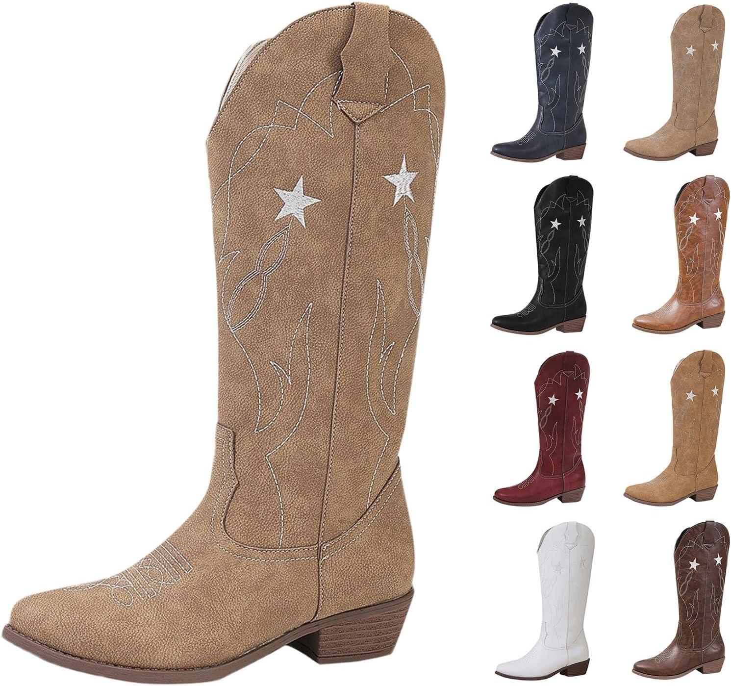 image:imageBottes western en cuir pour femme Bottes de cowboy pour femme Tige haute et large Bottes enfiler Vintage Bottes dquitation Bottes de transition En cuir synthtique Bottes longuesKaki