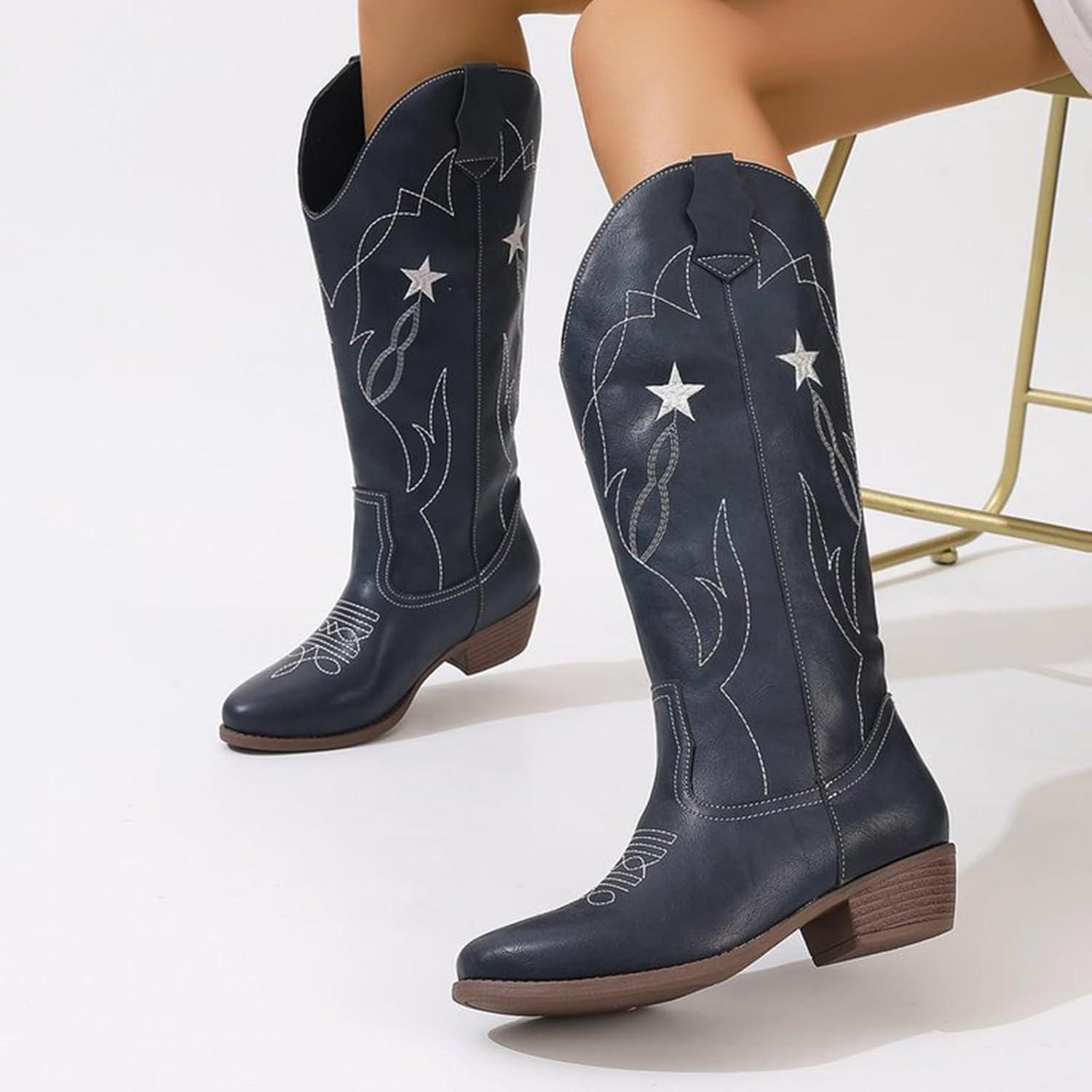 image:imageBottes western en cuir pour femme Bottes de cowboy pour femme Tige haute et large Bottes enfiler Vintage Bottes dquitation Bottes de transition En cuir synthtique Bottes longuesMarine