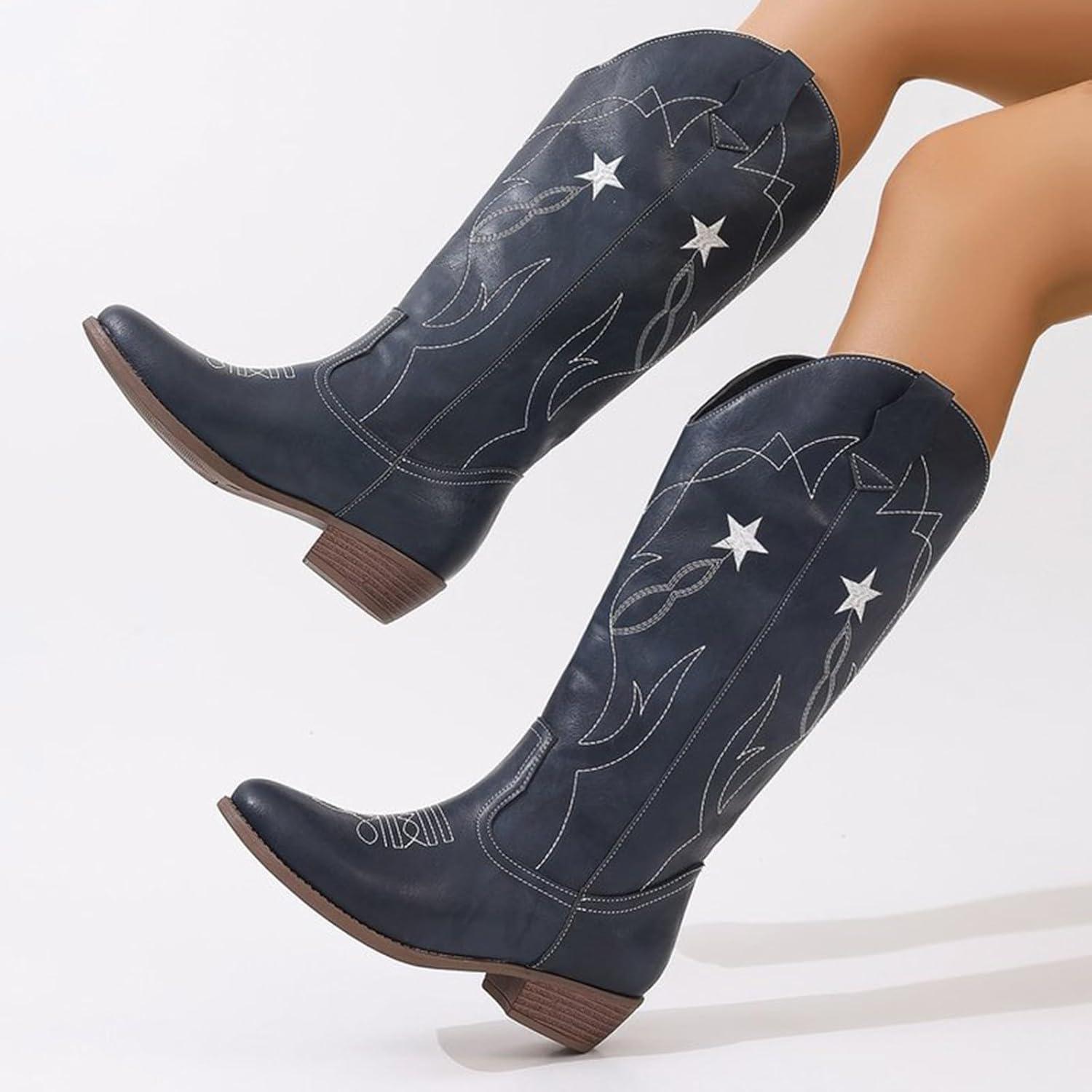 image:imageBottes western en cuir pour femme Bottes de cowboy pour femme Tige haute et large Bottes enfiler Vintage Bottes dquitation Bottes de transition En cuir synthtique Bottes longuesMarine